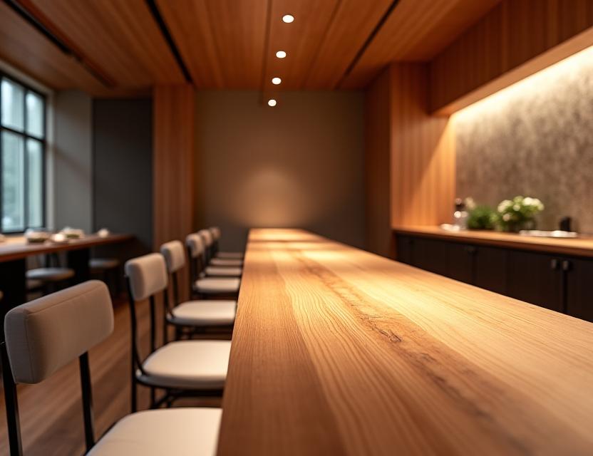 檜の一枚板で作られた美しい寿司カウンター